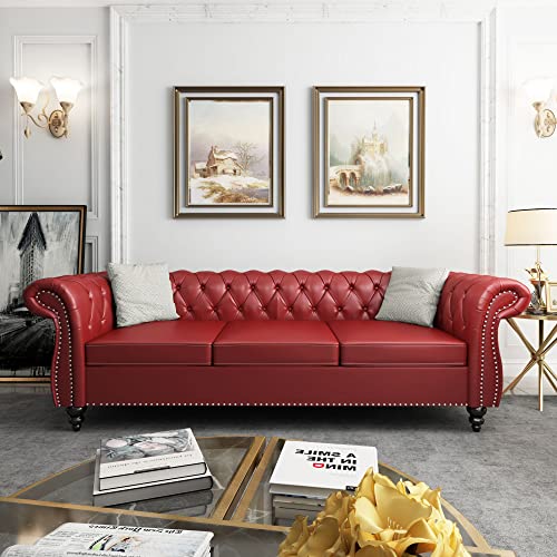Image of ORRD 2 Piece Living Room Set, Chesterfield Leather Sofa Loveseat Couch Chair with Scroll Arms and Nailhead for Living Room, Office (Burgundy)