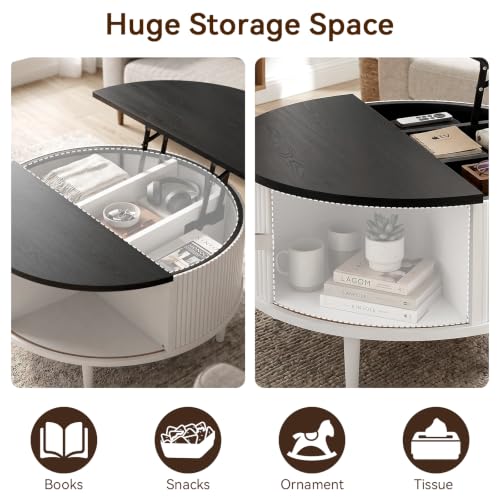 Image of Round Lift Top Coffee Table, 31.5 Inch Farmhouse Center Table with Hidden Storage & Sliding Door, Fluted White Drum Table for Living Room