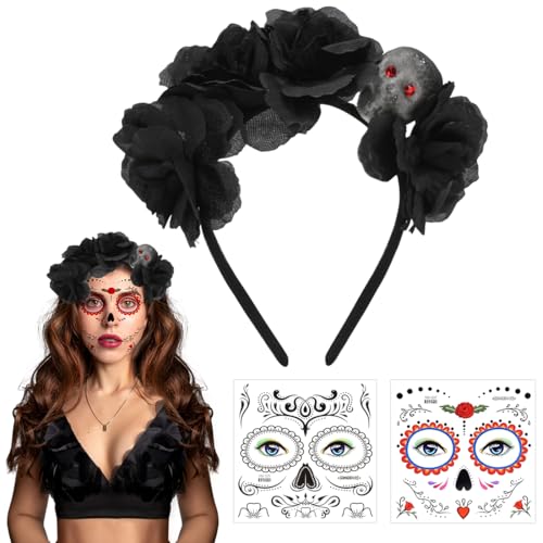 Diadema Dia dos Mortos, diadema Halloween mulher, diadema flores mexicana (véu, caveira e flor vermelha preta), diadema de caveira com flores para o Halloween, dia dos mortos, carnaval