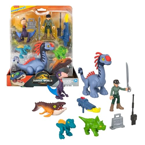 Fisher-Price Imaginext Jurassic World El Renacer Conjunto de Figuras de acción con Humano de 7.6 cm, 5 Dinosaurios, Lanzador y Accesorios, JFR25
