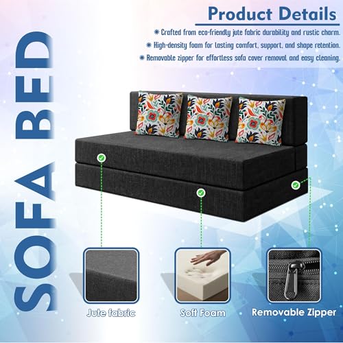 Image of Los Angeles Foldable Three Seater Sofa Cum Bed, Sofa Bed 5 X 6 Feet Jute Fabric Washable Cover- Including Cushion Perfect for Living Room & Office,Guest Room - Black Color