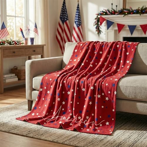 Horaldaily 4th of July Flannel Blanket Throw Patriotic Star American Independence Day Memorial Day Soft Fuzzy Plush Cozy Fleece Blankets for Couch Sofa Bed Decor Ideal Gifts for Kids Adults 50x60