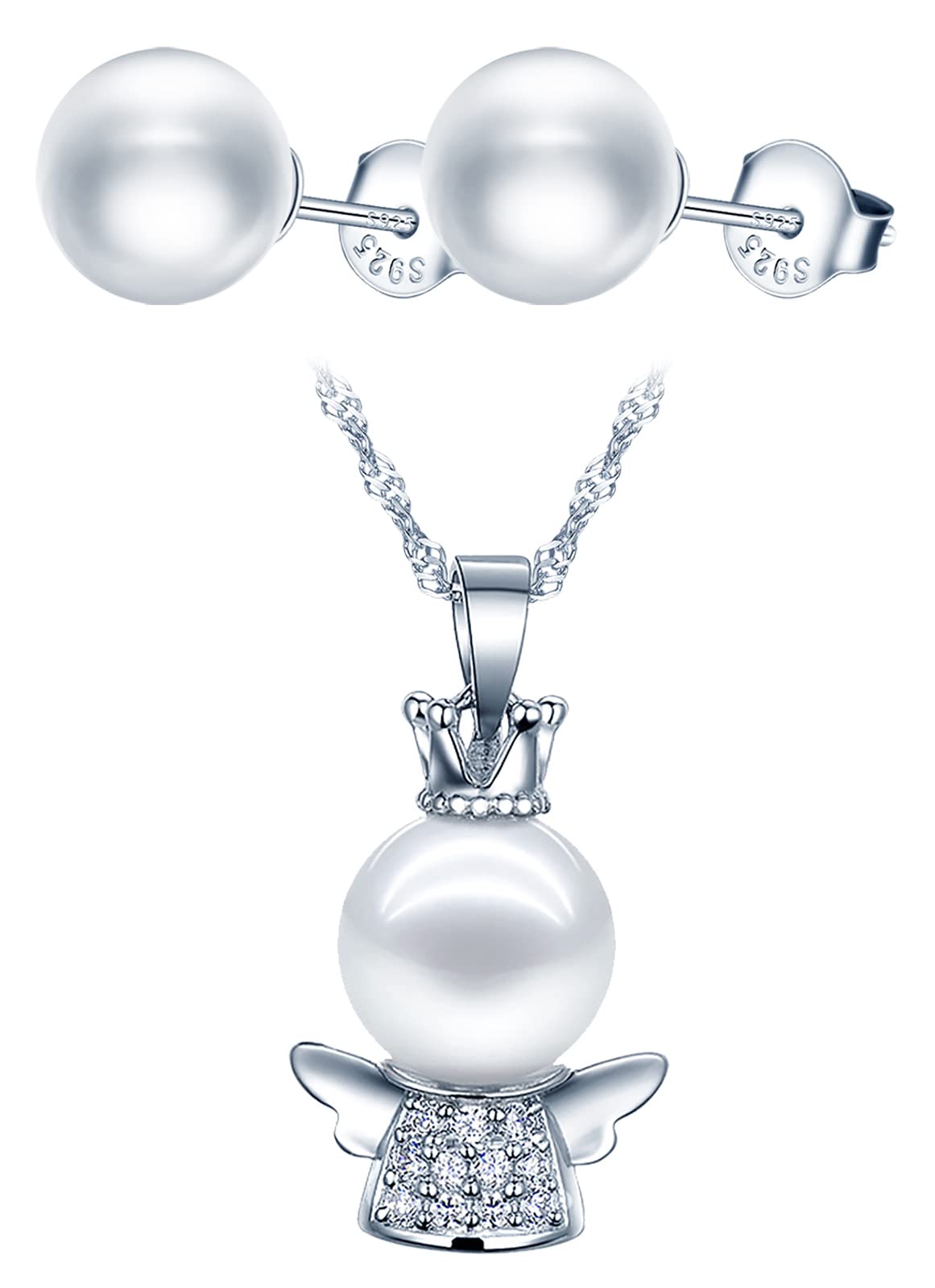 CPSLOVE Collare de perla angelito, Pendientes de perlas para mujer y niña, Juegos de joyas de plata 925, Collar de perlas para mujer y niña, Circón incrustado