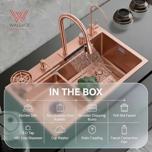 Image of Wallace 304 Grade Rose Gold Single Bowl Multifunction Kitchen Sink 30 x 18 x 10 Inch | Stainless Steel Workstation Sink with Integrated Waterfall Cup Washer Drain Basket RO Tap & Pull Down Faucet