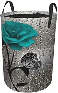 Janrely Large Round Storage Basket with Handles,Teal Gray Rose Flower Butterflies Modern,Waterproof Coating Organizer Bin Laundry Hamper for Nursery Clothes Toys 19
