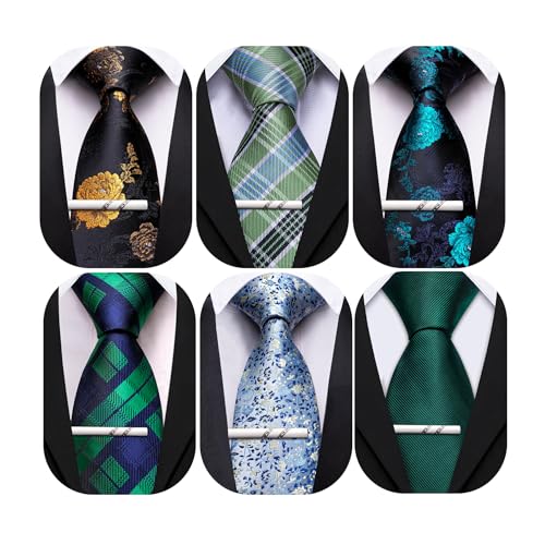 Image of Barry.Wang Mens 6 PCS Ties Silk Striped Paisley Check Floral Necktie Silky Woven Wedding Business Party Ties 3.34 inch