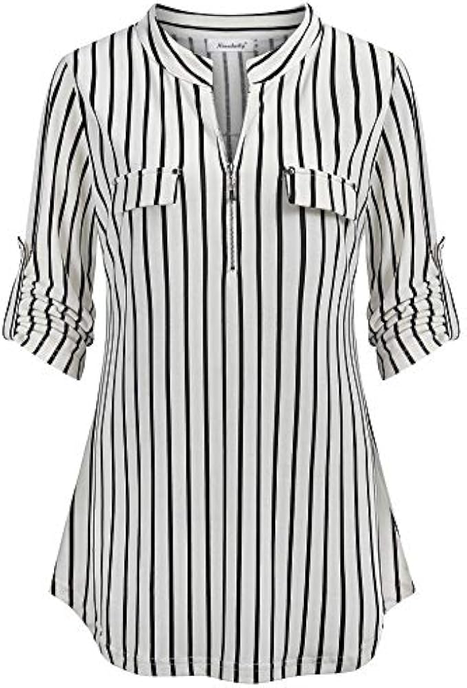 Ninedaily Women's 3/4 Sleeve Plaid Shirts Zip Floral Casual Tunic Blouse Tops