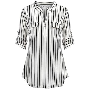 Ninedaily-Womens-34-Sleeve-Plaid-Shirts-Zip-Floral-Casual-Tunic-Blouse-Tops Ninedaily Business Casual Tops Women, Work Blouses Summer Shirts Trendy 2023 Spring Office Uniform Going Out Tops Petite Tops and Blouse Linen Fashion Blouse Stripe Tunics for Women XL Black White