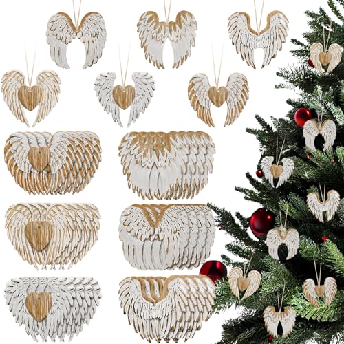 Beeveer 24 Pcs Angel Wing Christmas Wood Ornaments Angel Wing Heart Wood DIY Crafts Farmhouse Rustic Carved Angel Wing Hanging Ornaments Xmas Tree Decor for Xmas Anniversary Supplies