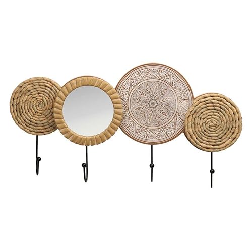 Rocking Gifts Perchero Pared Decorativo con Espejo Redondo Colgador 4 Ganchos Adorno Mimbre Boho Elegante 45 cm Cover