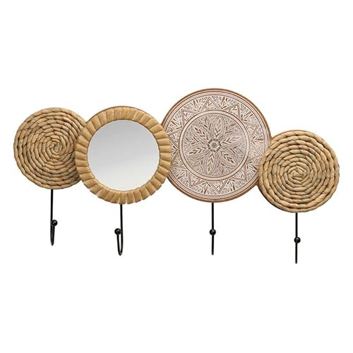 Rocking Gifts Perchero Pared Decorativo con Espejo Redondo Colgador 4 Ganchos Adorno Mimbre Boho Elegante 45 cm