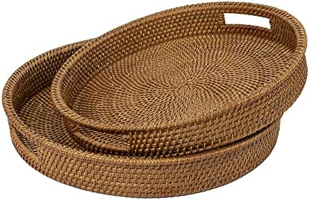 Round Rattan Serving Trays (12.6 & 13.8 inch) - Hand-Woven Decorative Tray Set for Ottoman, Coffee Table, Home Decor