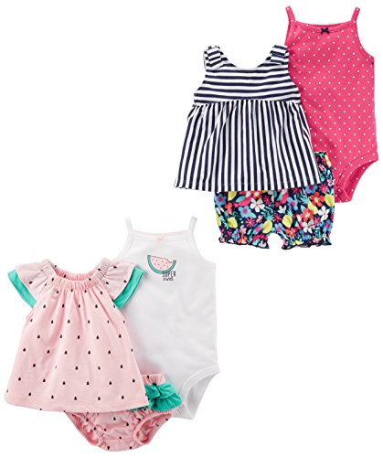Carter's Baby Girl's 6-Piece Bodysuit Tee and Short Set Shorts, Watermelon/Stripe Floral, 6 Months