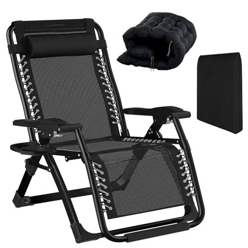 Fiutazge 65cm Ancho Tumbonas Jardin Exterior,Sillas Jardin Exterior,Silla Gravedad Cero con Acolchado Ajustable,Reposacabezas ExtraíBle,Portabebidas,Tumbona Plegable para Patio,JardíN,Playa-Negro