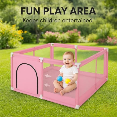 Image of Baby Playpen with Balls - Portable Play Yard with Mesh Panels for Safety & Visibility, Indoor /Outdoor Toddler Activity Fence for Boys & Girls (Baby Pink)