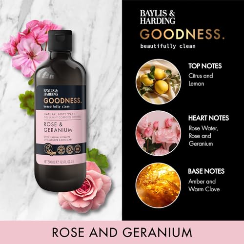 Image of Baylis & Harding Goodness Rose & Geranium Natural Body Wash, 500 ml - Vegan Friendly (500ML (Pack of 1))