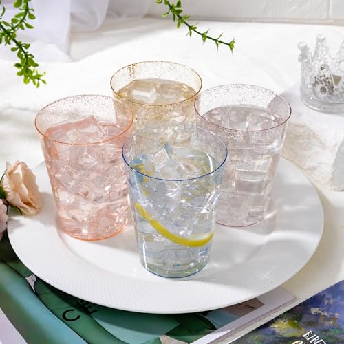 Image of DaYammi 100 Pack 10 Oz Plastic Cups Glitter Disposable Cups in Assorted Colors,Plastic cups with 4 Colors, Disposable Wine Glasses Heavy Duty disposable Tumblers Drinking Cocktail Glasses for Party