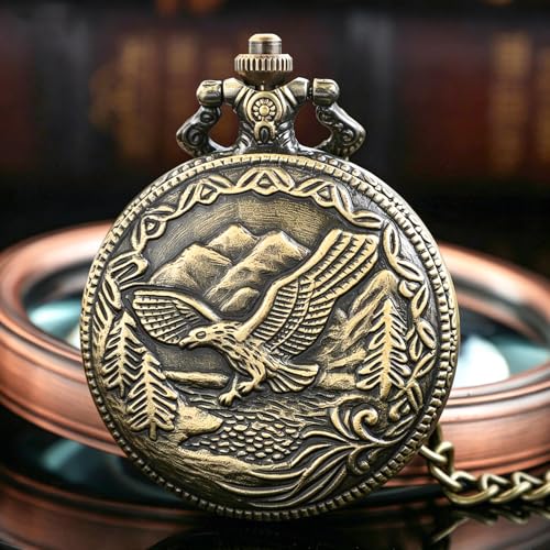 Image of Tiong Pocket Watch Pattern Vintage Quartz Pocket Watches with Chain Christmas Graduation Birthday Gifts Fathers Day