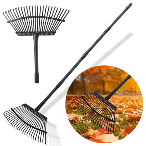 Heavy Duty Metal Leaf Rake for Gardening,25 Tines Garden Yard Hand Rake with 64 inch Adjustable Handle for Gardening, Dethatching, Thatching, Gathering Shrub, Grass, Debris, Flower Bed