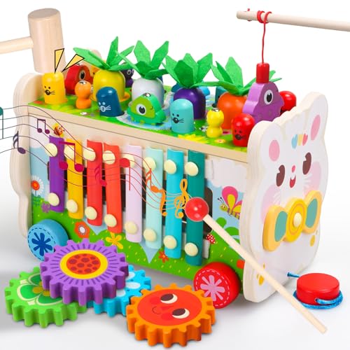 9 in 1 Montessori Toys for 1 Year Old, Wooden Hammering Pounding Toy Game with Xylophone for Toddlers 1-3, Gears and Carrot Harvest,1 Year Old Girl Birthday Gifts, Learing Toys for Babies