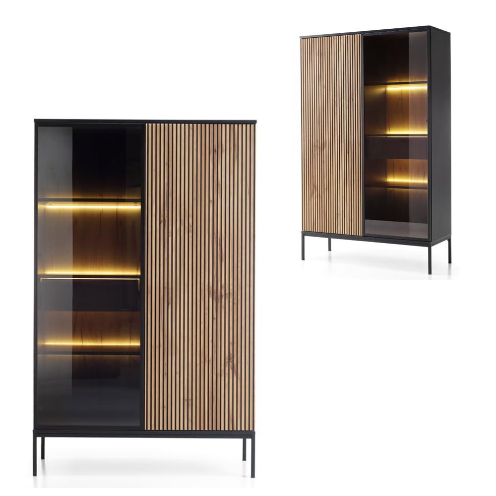 Lomadox Wohnzimmer Esszimmer Anrichte Highboard mit Beleuchtung in schwarz mit Wotan Eiche