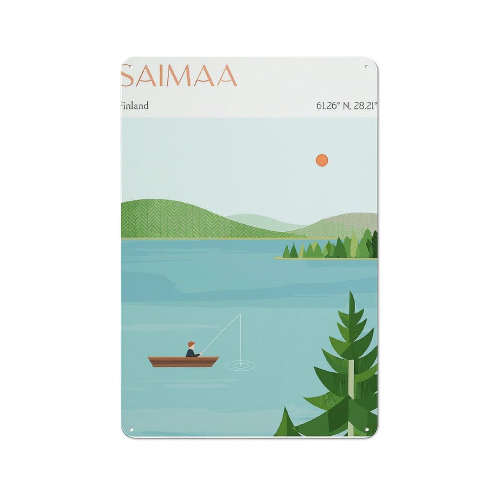 Junmoney Saimaa Finland Fishing Scene Illustration For Garden Room Or Summerhouse, Rustic Tin Sign 30X20cm, Wall Decor For Garden Rooms And Summerhouses