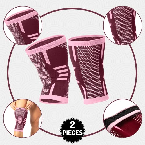 2 Stück Kniebandage für Herren & Damen - Kompression Kniestütze Sport für Knieschmerzen - Kniebandage für Arthrose & Meniskus - Atmungsaktiv & Rutschfest (M, Bordeaux)