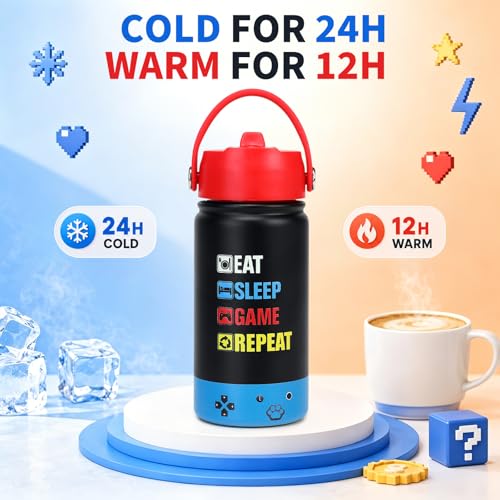 Image of Kids Insulated Water Bottle with Straw Lid, 14oz Double Wall Vacuum Stainless Steel Tumbler, Leak Proof Reusable Metal School Cup for Boys Girls, Keep Cold 24H Hot 12H (Blue-Red-EAT(Pack 2))