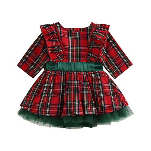 Toddler Baby Girls Plaid Christmas Dress Long Sleeve Princess Party Tulle Tutu Skirt Dresses Xmas Outfit Clothes