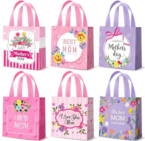 Mothers Day Tote Gift Bags 6Pcs Floral Tote Bags for Gifts Reusable Non-Woven Love Mom Treat Bag with Handles Candy Bag for Mothers Day Shopping Holiday Gift Wrap Goody Party Favor Supplies