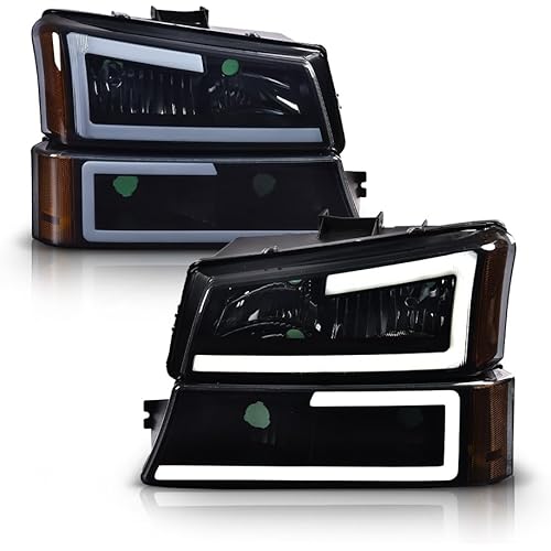 GRAND ORANGE LED DRL Headlight Assembly Compatible with Chevy Silverado 1500 2500 3500 HD Models 2003-2006/ Fit Chevy Avalanche 1500 2500 03-06 Smoky lens Black Housing Amber Reflector