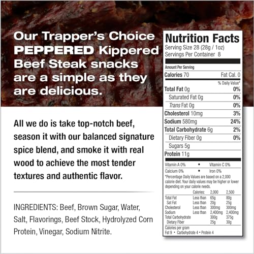 Image of Old Trapper, Trapper's Choice Peppered Kippered Steak, Eight-Ounce Individual Package, Spicy Meat Snacks, 11 Grams of Protein and 70 Calories Per Serving (Pack of One)