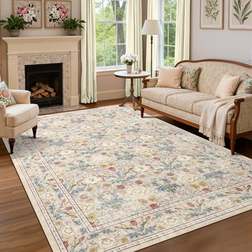 GarveeHome Beige Washable Area Rug 5x7, Retro Floral Low Pile