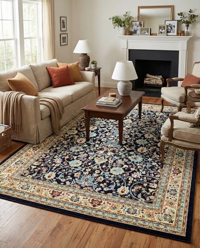 Rugs.com - Yasmin Rug – 9' x 12' Navy Blue Traditional Rug – Easy-Clean Floral Area Rug for Living Rooms, Dining Rooms, and Offices