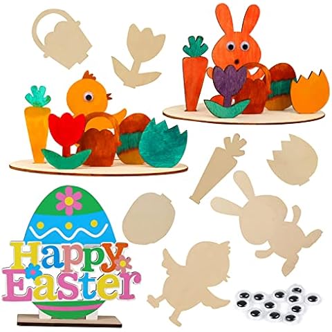 Wooden Easter Bunny, Wooden Home Decoration Chicks and Wooden Home Decoration Eggs 3D Rabbit Wooden Stand Ornament Cutouts Craft for DIY Painting Table Decoration Easter Birthday Gift (Pack of 6) Cover
