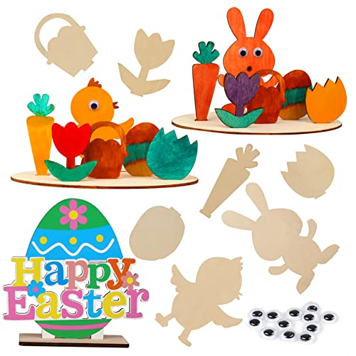 Holz Osterhase,Holz Home Dekoration Küken und Holz Home Dekoration Eier 3D Kaninchen Holzständer Ornament Ausschnitte Handwerk für DIY Malerei Tischdekoration Ostern Geburtstagsgeschenk(6er-Pack) Cover