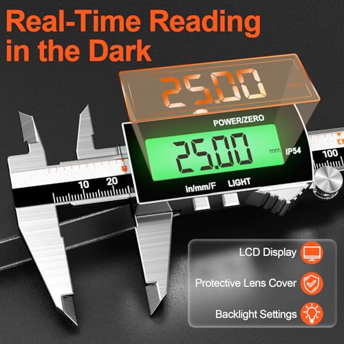 Preciva Backlight Digital Caliper,6inch IP54 Waterproof Rechargeable Electronic Micrometer with LCD Screen, Measurement Conversions for in/MM/F Precision Tool for DIY and Professional Use (Black)