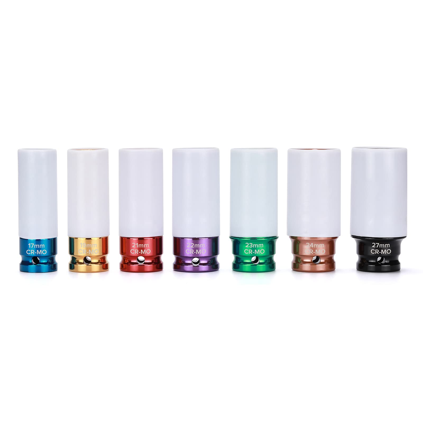 Mayouko Juego de 7 llaves de vaso de impacto profundo de 1/2 pulgada, protector de llanta de rueda de pared fina, código de color, métrico, CR-MO