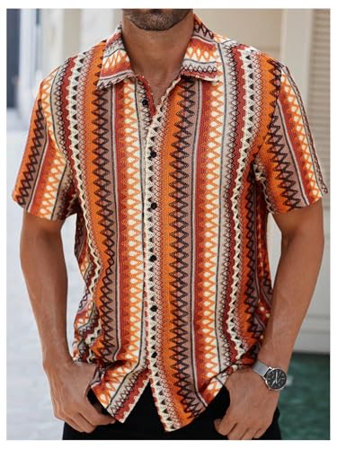 OYOANGLE Men's Textured Jacquard Button Down Shirts Color Block Short Sleeve Boho Vacation Shirt4