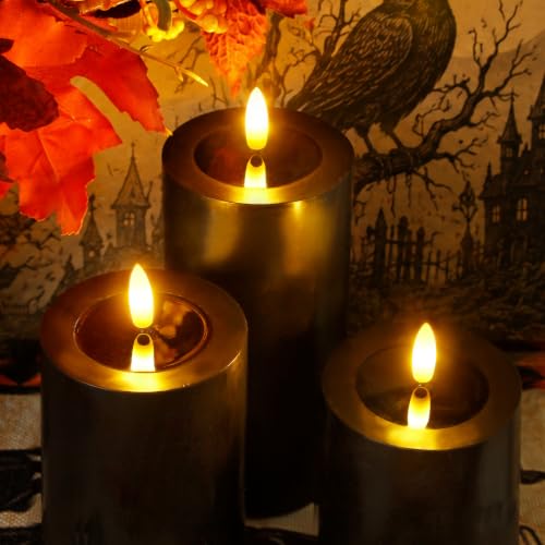 Image of Yeelida Halloween Remote Flameless Flickering Pillar Candles with Candle Grease Effect,Pack of 3 Black LED Battery Oprated 2 /4 /6 /8 Hours Timer Real Wax Electric Candles(3x4,5,6 Inches)