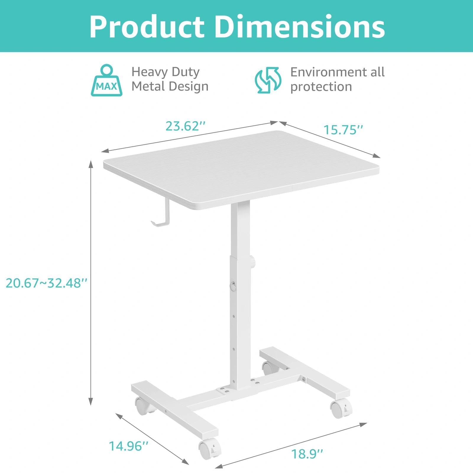 Small White Standing Rolling Desk - 24 Inch Portable Mobile Stand Up Kids Desk Adjustable Height with Wheels — view 3