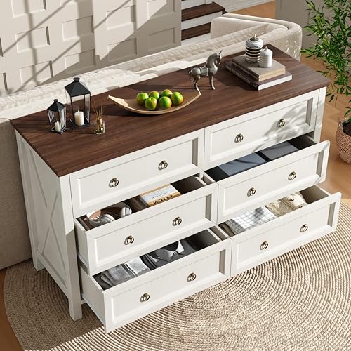 Generisch Aparador blanco vintage con 6 cajones, asas de aluminio y encimera de nogal, elegante armario de almacenamiento para salón, dormitorio (137 x 40 x 79,5 cm, montaje en 30 min)