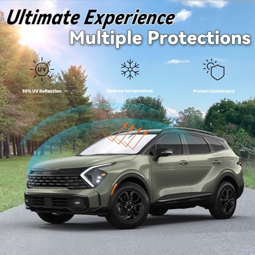Image of Car Front Windshield Sun Shade for Sportage 2022 2023 2024, Car Window SunShades Shield Cover Sun Visor Protector with 240T Reflective Fabric UV & Sun Heat Protection Accessories