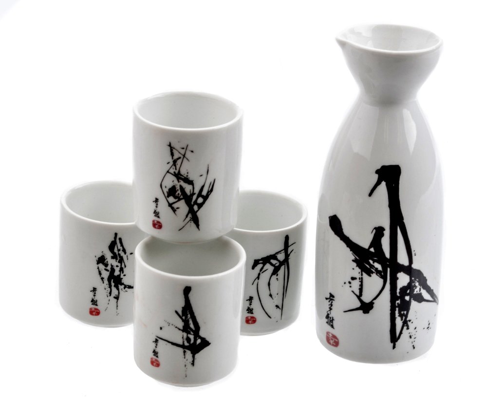 M.V. Trading Sake-Set aus Porzellan mit 5 Tassen Sumi-Tusche weiß