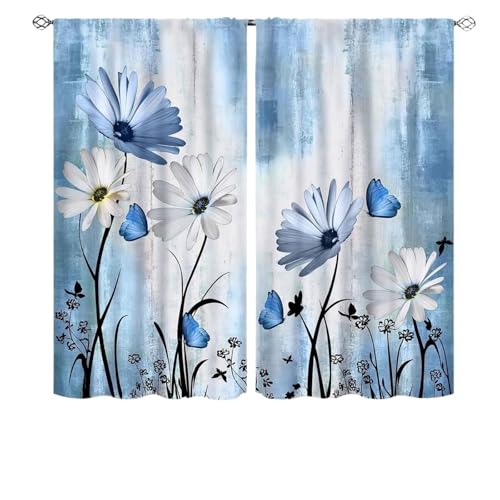 VMDVBNA Visillos Cortos Estilo rústico Moderno con Flores Retro de Primavera y Mariposas, Ideal for Casas Campo. Ventana pequeña(Color-02,107x160CM-2PC)