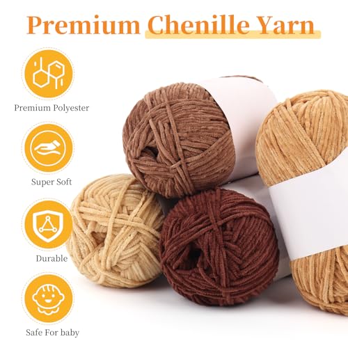 Image of Coopay Skinny Chenille Yarn for Crocheting and Knitting, 12 Pack of 50g /1.76oz - 1764yd Total, Soft Velvet Yarn of Baby Weights - Suitable for Baby Blankets, Plush Toys - Super Soft (Brown Gradient)