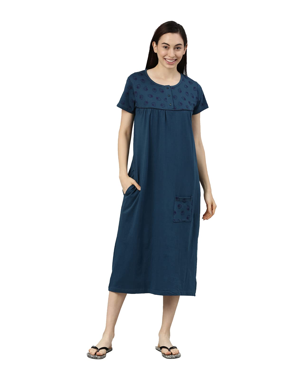 KRYPTIC Womens Nightdress Pure Cotton Printed Maxi Length Relaxed Fit Sleepdress Nightwear with Side Pocket and Chest Button Placket for Feeding-image-18