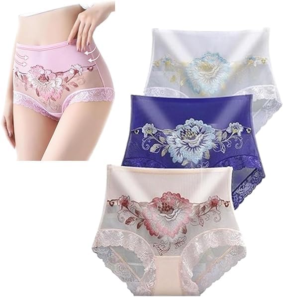 High Waist Premium Lace Embroidered Panties,Sexy Flower Seamless Butt Lift Briefs for Women,Mesh Plus Soft Underwear