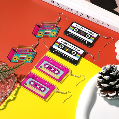 80s 90s Retro Cassette Tape Neon Earrings for Women Acrylic Radio Earring Set for 80s 90s Accessories Cosplay Party Jewelry Gifts4