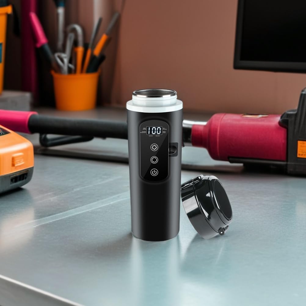 Tragbarer Auto Wasserbecher 500ml Schwarz aus Edelstahl mit Digitalanzeige | Kaffee und Heißgetränke, Kompakt und Leicht, Präzise Temperaturregelung, für Reise und Familienurlaub